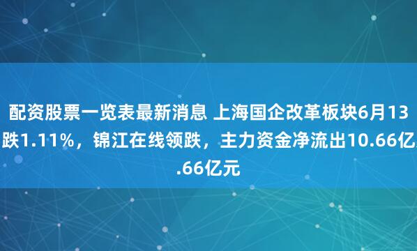 配资股票一览表最新消息 上海国企改革板块6月13日跌1.11%，锦江在线领跌，主力资金净流出10.66亿元